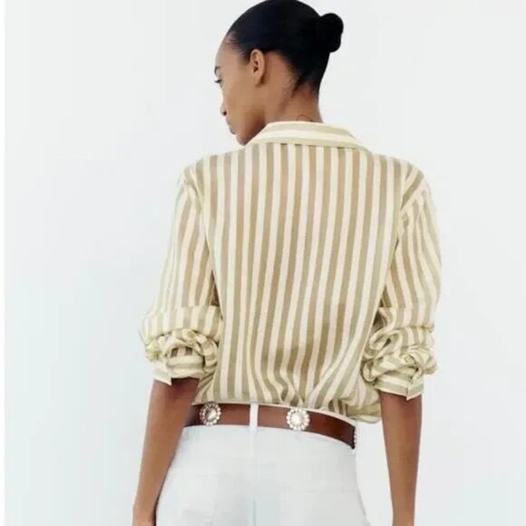 NEW Zara Flowy Striped Long Sleeve Gold Buttons Shirt Ecru/Green womens Size XS - Picture 8 of 8